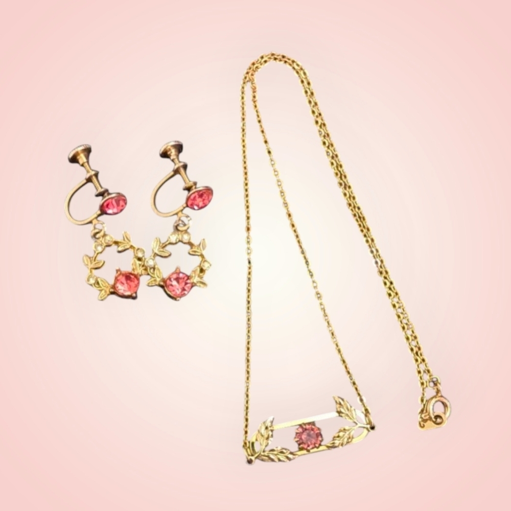 Antiqued Gold and Pink Necklace and Earrings, Screw Back Earrings